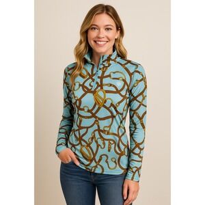 Ariat Women's Long Sleeve Quarter Zip Pullover Horse Equestrian Belt Print Blue